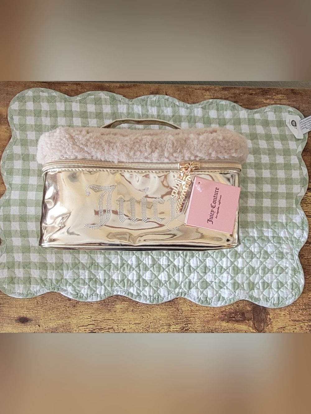 NWT Juicy Couture Gold Metallic Cosmetic Case with Faux Shearling Trim